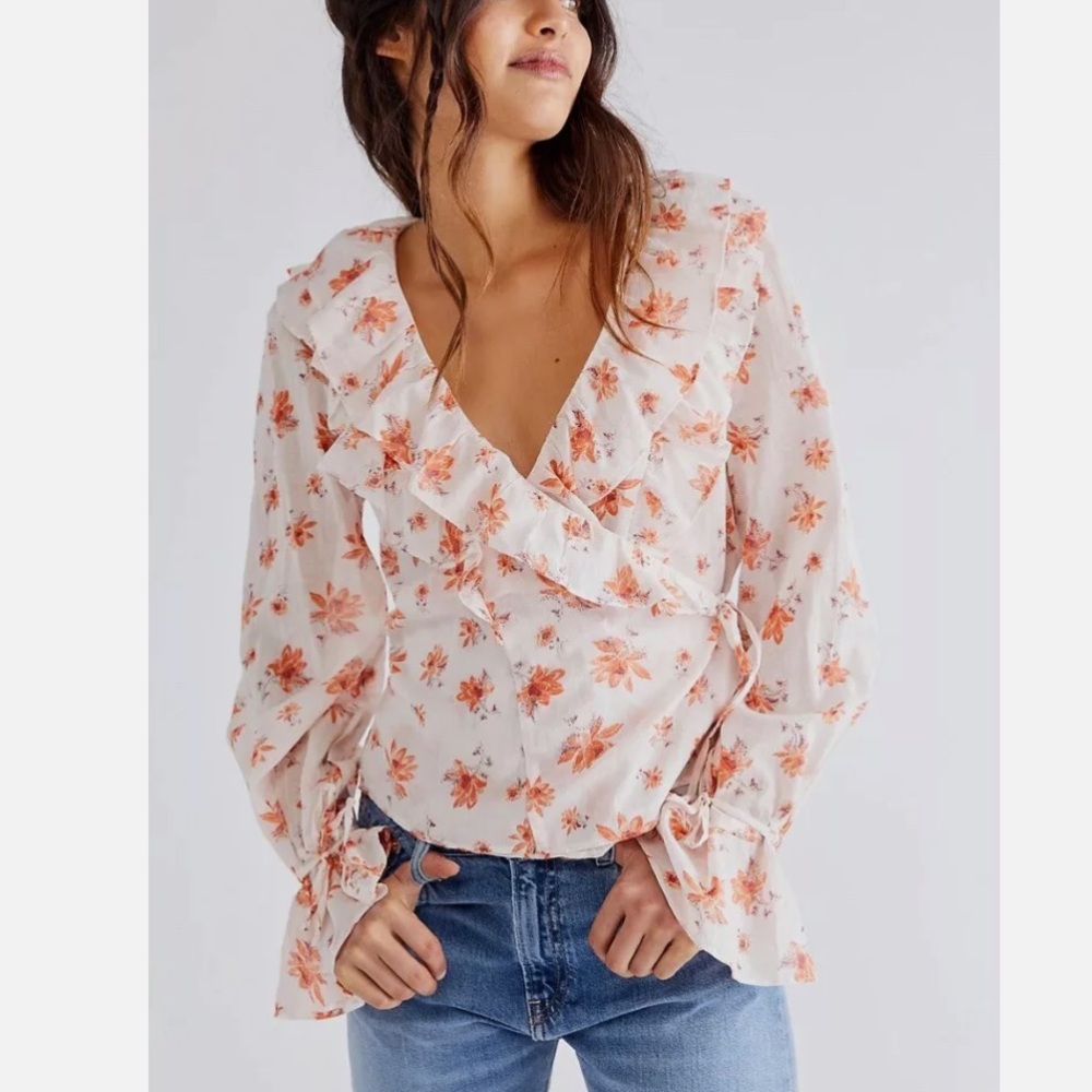 Free People Amanda Floral Wrap Top Cotton Ruffle Boho Prairie Blouse NWT Size XS
